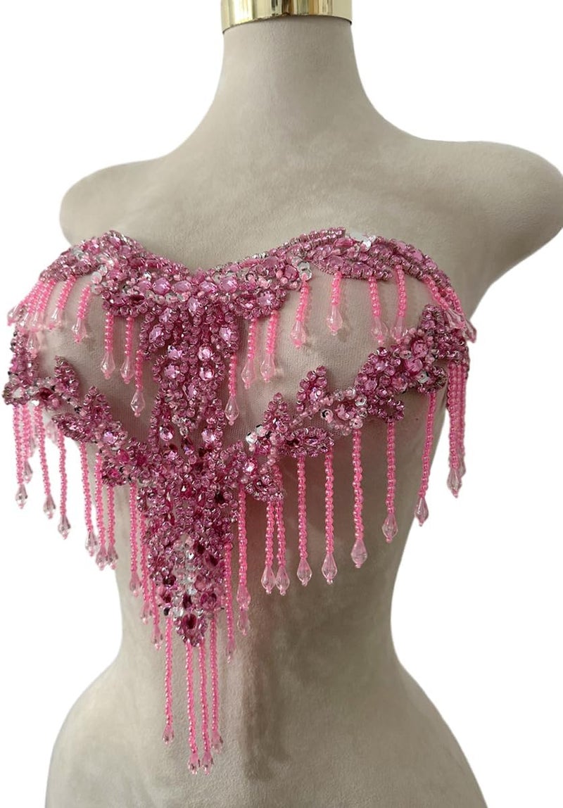 MOPISVN Handmade Crystal on lace Applique Sewing Rhinestones Fringe Beads Sequins Patches Trim Luxury Decoration Accessories for Wedding Dress 17X12.5inches (Pink) - Image 2